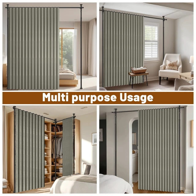 Alt view image 4 of 7 - Privacy Curtains for Room Divider with Blackout & Soundproof (Grey, W100 x L84 in, 1 Panel)+ No Drill Curtain Rods(H) 43-120×(W) 35-100 in, Wall Divider for Bedroom/Studio/Office Curtain