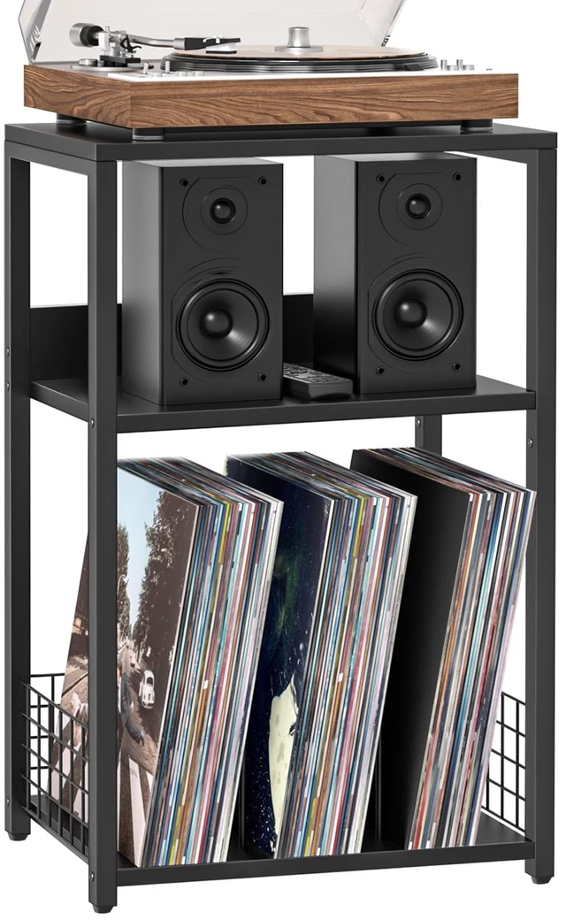 Main image of Large Black Record Player Stand, 3 Tier 18" Wide Big End Table with Vinyl Storage Up to 130 Albums, Industrial Turntable Printer Tables, Modern Side Tables for Living Room, Bedroom, Office