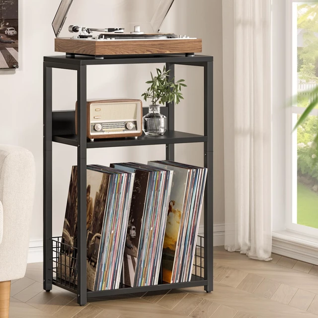 Alt view image 3 of 7 - Large Black Record Player Stand, 3 Tier 18" Wide Big End Table with Vinyl Storage Up to 130 Albums, Industrial Turntable Printer Tables, Modern Side Tables for Living Room, Bedroom, Office