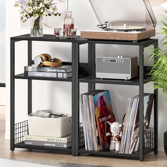 Alt view image 4 of 7 - Large Black Record Player Stand, 3 Tier 18" Wide Big End Table with Vinyl Storage Up to 130 Albums, Industrial Turntable Printer Tables, Modern Side Tables for Living Room, Bedroom, Office