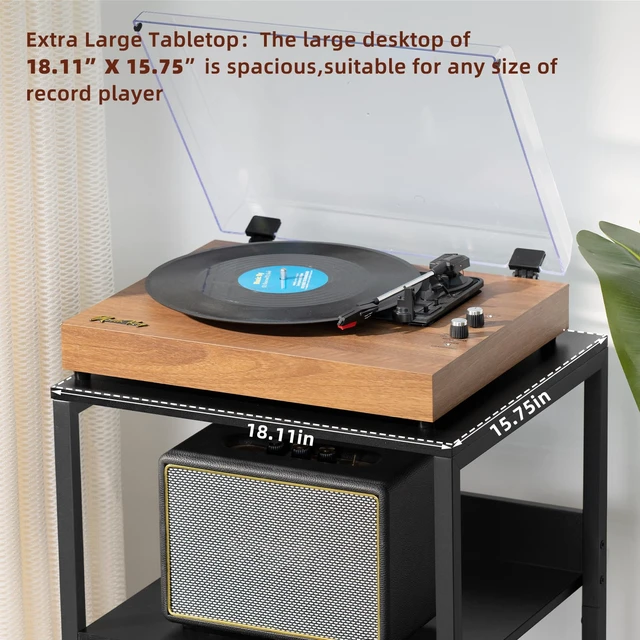 Alt view image 7 of 7 - Large Black Record Player Stand, 3 Tier 18" Wide Big End Table with Vinyl Storage Up to 130 Albums, Industrial Turntable Printer Tables, Modern Side Tables for Living Room, Bedroom, Office