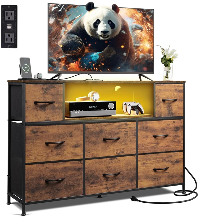 Main image of LED Dresser TV Stand for 55 Inch TV, 8 Fabric Drawers, Brown Dresser | Fits TVs up to 55 inch, LED Chest of Drawers, Built-in AC Power Outlet and USB-A, Dresser for Bedroom Living Room Gaming Room