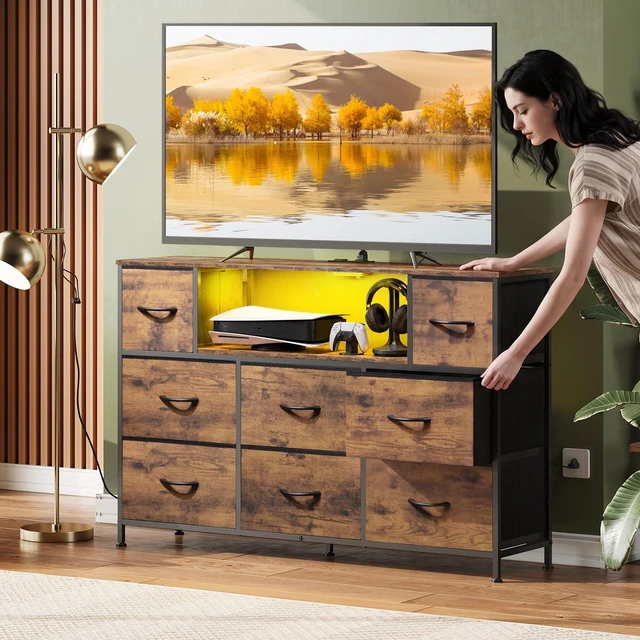 Alt view image 2 of 7 - LED Dresser TV Stand for 55 Inch TV, 8 Fabric Drawers, Brown Dresser | Fits TVs up to 55 inch, LED Chest of Drawers, Built-in AC Power Outlet and USB-A, Dresser for Bedroom Living Room Gaming Room