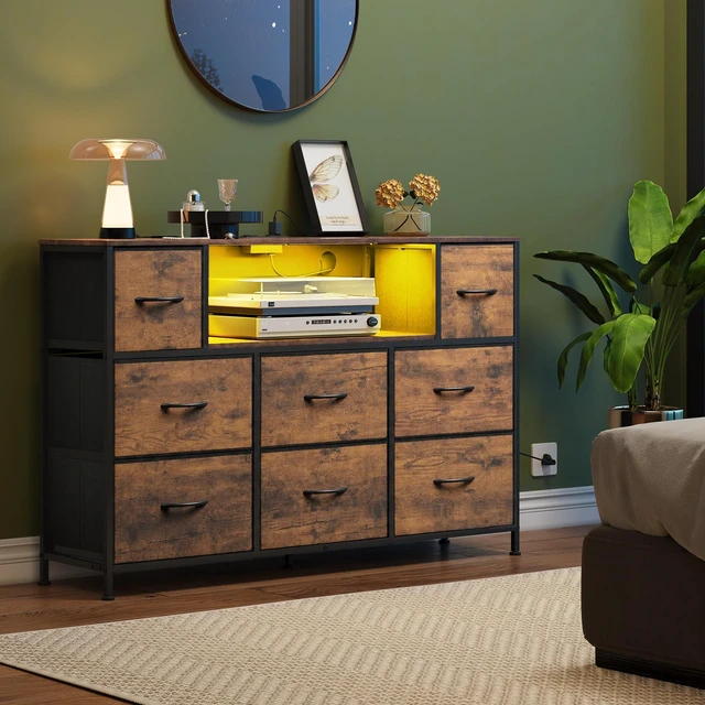 Alt view image 3 of 7 - LED Dresser TV Stand for 55 Inch TV, 8 Fabric Drawers, Brown Dresser | Fits TVs up to 55 inch, LED Chest of Drawers, Built-in AC Power Outlet and USB-A, Dresser for Bedroom Living Room Gaming Room