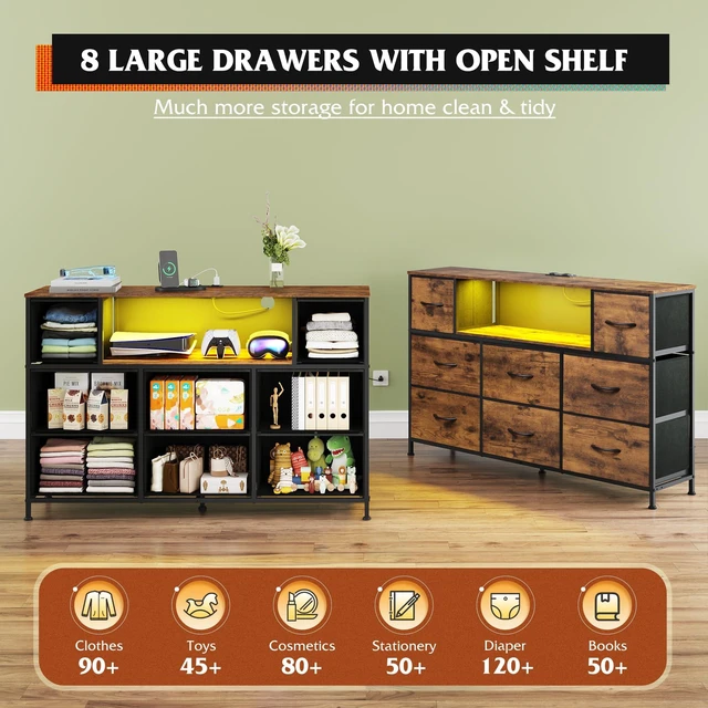 Alt view image 6 of 7 - LED Dresser TV Stand for 55 Inch TV, 8 Fabric Drawers, Brown Dresser | Fits TVs up to 55 inch, LED Chest of Drawers, Built-in AC Power Outlet and USB-A, Dresser for Bedroom Living Room Gaming Room