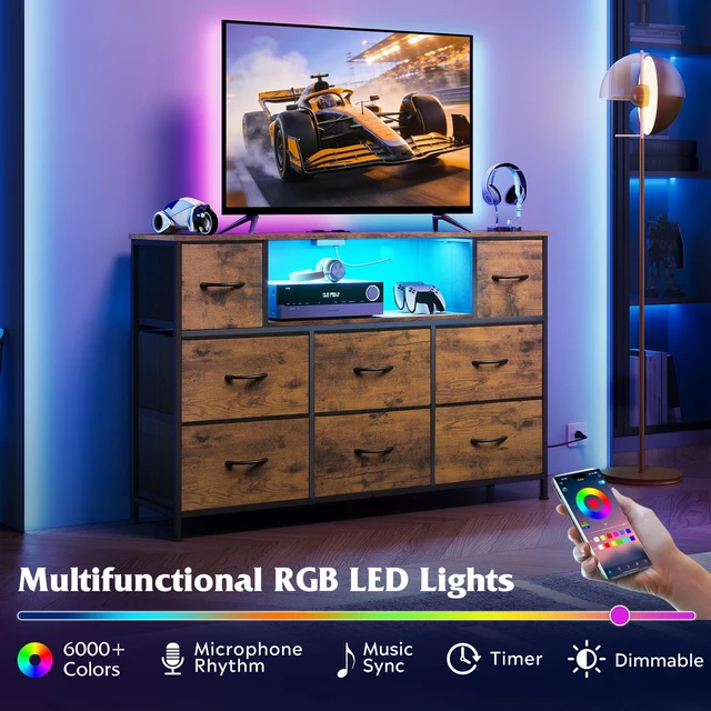 Alt view image 4 of 7 - LED Dresser TV Stand for 55 Inch TV, 8 Fabric Drawers, Brown Dresser | Fits TVs up to 55 inch, LED Chest of Drawers, Built-in AC Power Outlet and USB-A, Dresser for Bedroom Living Room Gaming Room