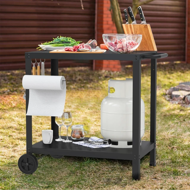 Alt view image 2 of 7 - Outdoor Grill Table for Blackstone Griddle, Grill Cart with Wheels | Pizza Oven Table for Outside Patio, Portable, for Ninja, Griddle Stand Fit 17 or 22, Multifunctional, Side Handles & Hooks