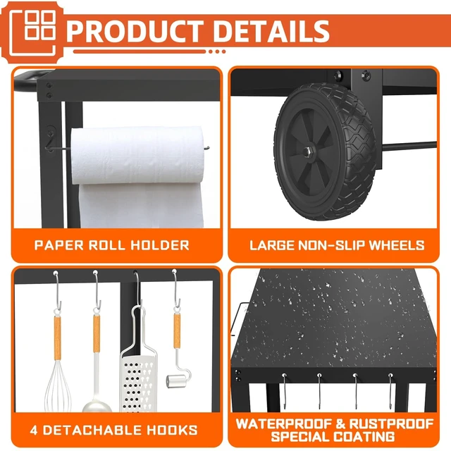 Alt view image 4 of 7 - Outdoor Grill Table for Blackstone Griddle, Grill Cart with Wheels | Pizza Oven Table for Outside Patio, Portable, for Ninja, Griddle Stand Fit 17 or 22, Multifunctional, Side Handles & Hooks