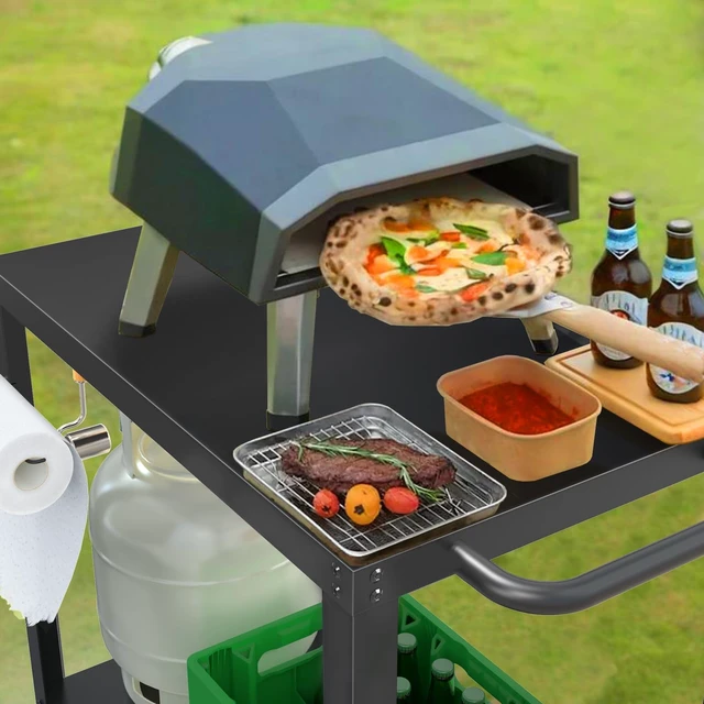Alt view image 6 of 7 - Outdoor Grill Table for Blackstone Griddle, Grill Cart with Wheels | Pizza Oven Table for Outside Patio, Portable, for Ninja, Griddle Stand Fit 17 or 22, Multifunctional, Side Handles & Hooks