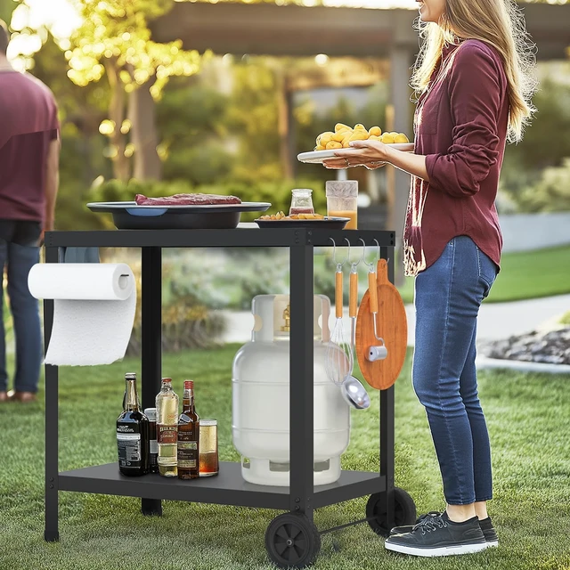 Alt view image 7 of 7 - Outdoor Grill Table for Blackstone Griddle, Grill Cart with Wheels | Pizza Oven Table for Outside Patio, Portable, for Ninja, Griddle Stand Fit 17 or 22, Multifunctional, Side Handles & Hooks