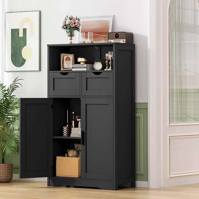 Alt view image 2 of 7 - Bathroom Storage Cabinet with 2 Drawers, Small Kitchen Pantry Cabinet | Kitchen Cabinet with Adjustable Shelves, Coffee Bar Cabinet for Kitchen, Living Room, Entryway, Black