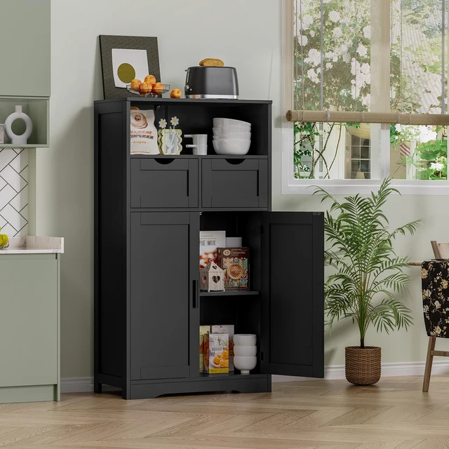 Alt view image 3 of 7 - Bathroom Storage Cabinet with 2 Drawers, Small Kitchen Pantry Cabinet | Kitchen Cabinet with Adjustable Shelves, Coffee Bar Cabinet for Kitchen, Living Room, Entryway, Black