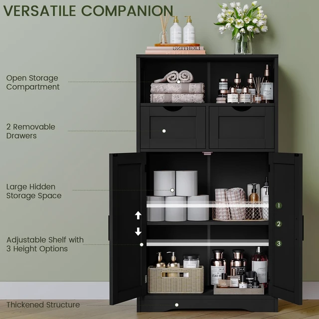 Alt view image 4 of 7 - Bathroom Storage Cabinet with 2 Drawers, Small Kitchen Pantry Cabinet | Kitchen Cabinet with Adjustable Shelves, Coffee Bar Cabinet for Kitchen, Living Room, Entryway, Black