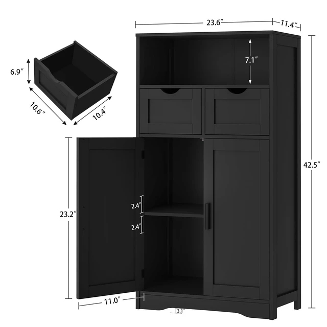 Alt view image 5 of 7 - Bathroom Storage Cabinet with 2 Drawers, Small Kitchen Pantry Cabinet | Kitchen Cabinet with Adjustable Shelves, Coffee Bar Cabinet for Kitchen, Living Room, Entryway, Black