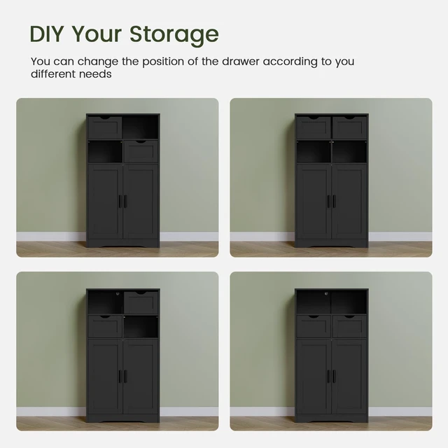 Alt view image 6 of 7 - Bathroom Storage Cabinet with 2 Drawers, Small Kitchen Pantry Cabinet | Kitchen Cabinet with Adjustable Shelves, Coffee Bar Cabinet for Kitchen, Living Room, Entryway, Black