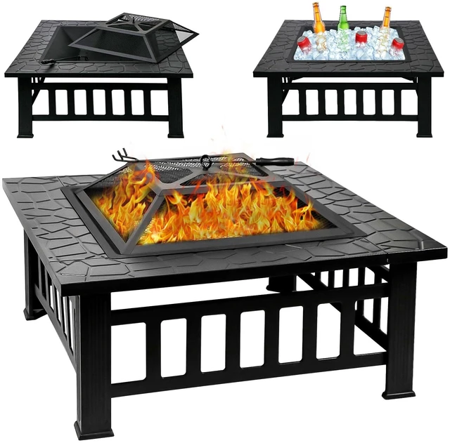 Main image of 32 Inch Fire Pit Table with Fire Poker & Spark Screen, Outdoor Burning Fire Pits, 3 in 1 Metal Square Firepit Stove for Outside Heating, Bonfire Party, Camping, Patio, Garden