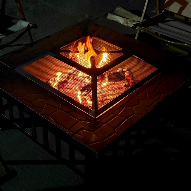 Alt view image 3 of 7 - 32 Inch Fire Pit Table with Fire Poker & Spark Screen, Outdoor Burning Fire Pits, 3 in 1 Metal Square Firepit Stove for Outside Heating, Bonfire Party, Camping, Patio, Garden