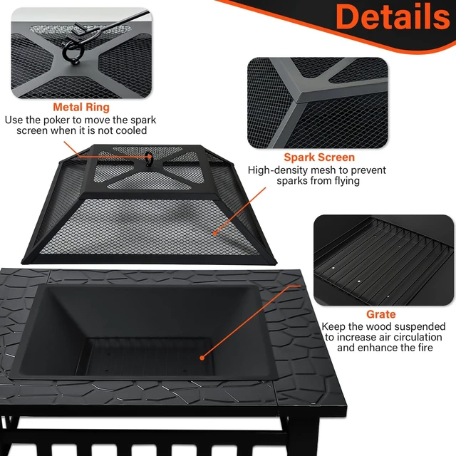 Alt view image 4 of 7 - 32 Inch Fire Pit Table with Fire Poker & Spark Screen, Outdoor Burning Fire Pits, 3 in 1 Metal Square Firepit Stove for Outside Heating, Bonfire Party, Camping, Patio, Garden