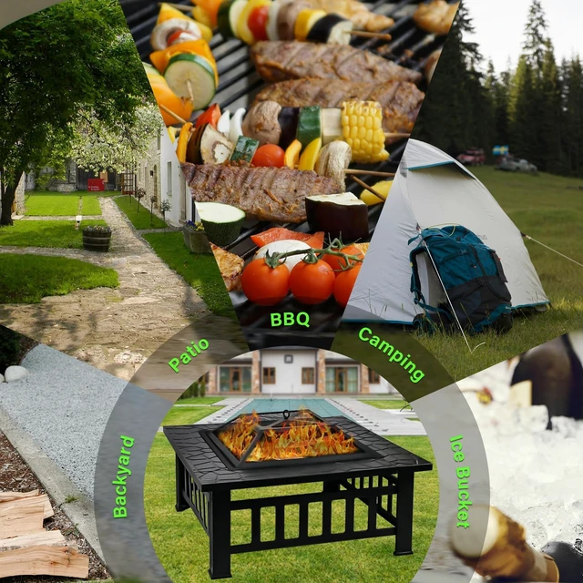 Alt view image 5 of 7 - 32 Inch Fire Pit Table with Fire Poker & Spark Screen, Outdoor Burning Fire Pits, 3 in 1 Metal Square Firepit Stove for Outside Heating, Bonfire Party, Camping, Patio, Garden