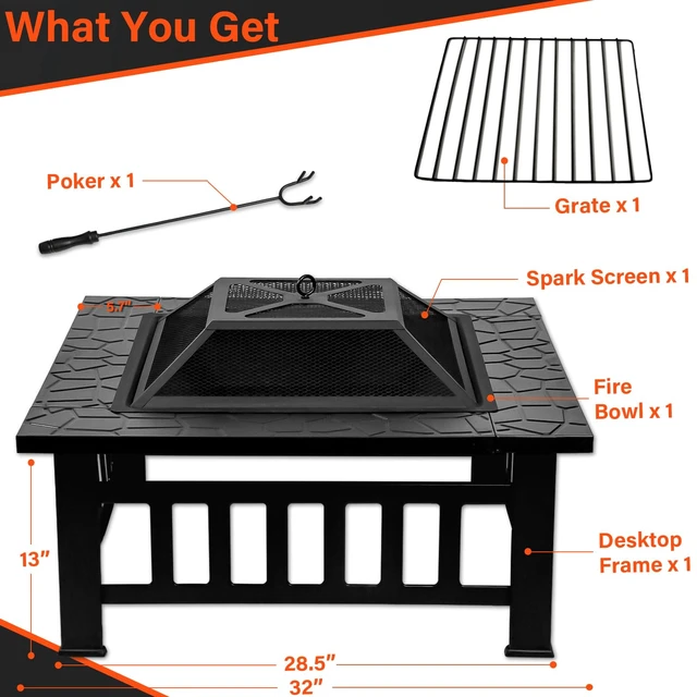Alt view image 6 of 7 - 32 Inch Fire Pit Table with Fire Poker & Spark Screen, Outdoor Burning Fire Pits, 3 in 1 Metal Square Firepit Stove for Outside Heating, Bonfire Party, Camping, Patio, Garden