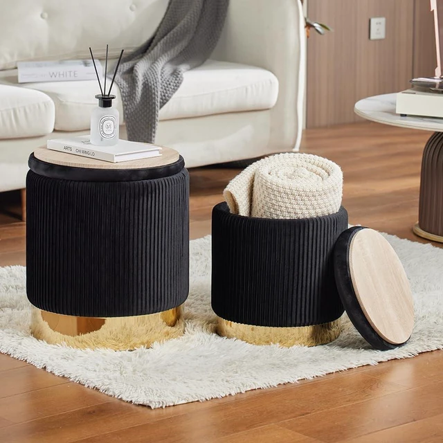 Main image of Round Ottoman with Storage Set of 2 Black Vanity Stool Foot Rest | Removable Lid, Gold and Black Ottoman,Hidden Storage Stool, Small Coffee Table for Living Room,Nest Packing, Assembly Free