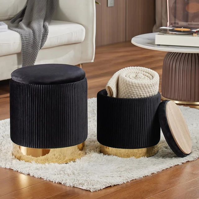 Alt view image 3 of 7 - Round Ottoman with Storage Set of 2 Black Vanity Stool Foot Rest | Removable Lid, Gold and Black Ottoman,Hidden Storage Stool, Small Coffee Table for Living Room,Nest Packing, Assembly Free