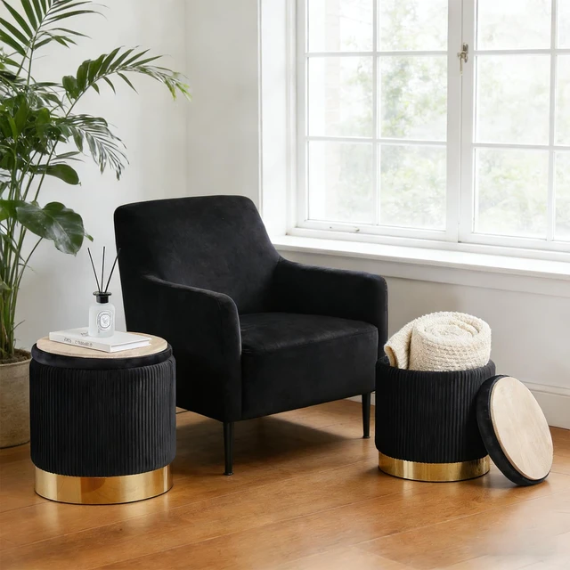 Alt view image 2 of 7 - Round Ottoman with Storage Set of 2 Black Vanity Stool Foot Rest | Removable Lid, Gold and Black Ottoman,Hidden Storage Stool, Small Coffee Table for Living Room,Nest Packing, Assembly Free