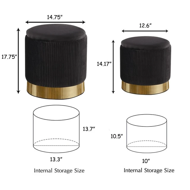 Alt view image 5 of 7 - Round Ottoman with Storage Set of 2 Black Vanity Stool Foot Rest | Removable Lid, Gold and Black Ottoman,Hidden Storage Stool, Small Coffee Table for Living Room,Nest Packing, Assembly Free