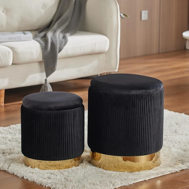 Alt view image 6 of 7 - Round Ottoman with Storage Set of 2 Black Vanity Stool Foot Rest | Removable Lid, Gold and Black Ottoman,Hidden Storage Stool, Small Coffee Table for Living Room,Nest Packing, Assembly Free
