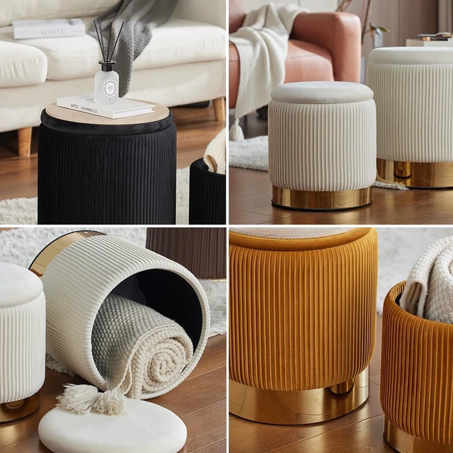 Alt view image 7 of 7 - Round Ottoman with Storage Set of 2 Black Vanity Stool Foot Rest | Removable Lid, Gold and Black Ottoman,Hidden Storage Stool, Small Coffee Table for Living Room,Nest Packing, Assembly Free
