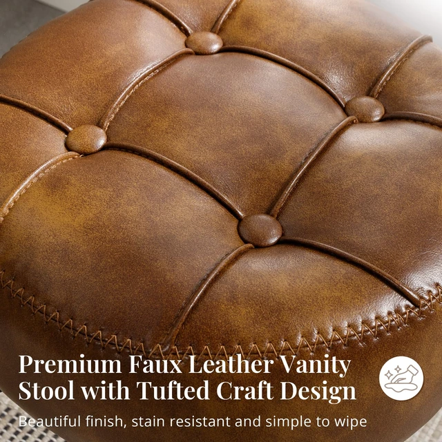 Alt view image 3 of 6 - Adjustable Vanity Stool, 360°Swivel Vanity Chair for Makeup Room, Brown Stool Chair for Vanity, Small Faux Leather Vanity Stools for Bathroom, Living Room