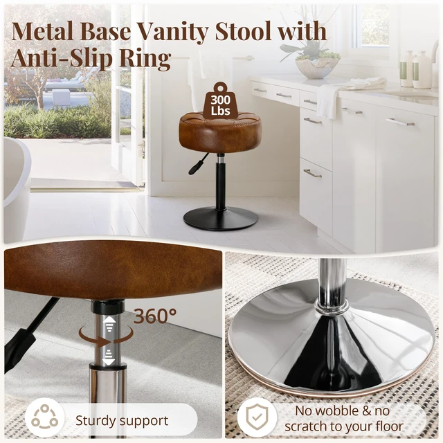 Alt view image 4 of 6 - Adjustable Vanity Stool, 360°Swivel Vanity Chair for Makeup Room, Brown Stool Chair for Vanity, Small Faux Leather Vanity Stools for Bathroom, Living Room