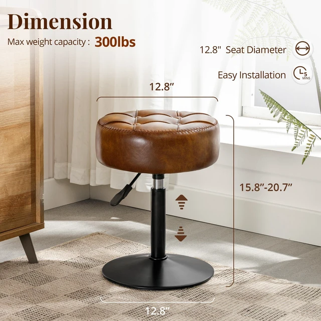 Alt view image 5 of 6 - Adjustable Vanity Stool, 360°Swivel Vanity Chair for Makeup Room, Brown Stool Chair for Vanity, Small Faux Leather Vanity Stools for Bathroom, Living Room