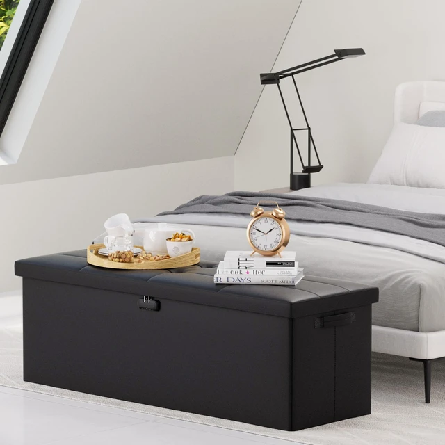 Alt view image 6 of 7 - Storage Ottoman Bench,FireproofWaterproof Folding Bench with Lock(15x 43x15),Leather Storage Chest with Handles2 Extra Boxes,Ottoman Safe for Bedroom,Living Room,Home Office,Black