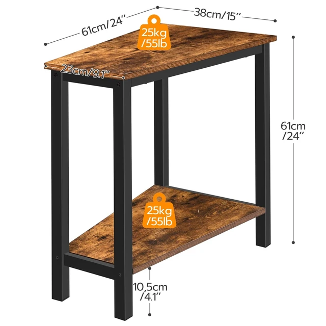 Alt view image 3 of 7 - Wedge End Table, Recliner Wedge Side Table with Storage | Industrial Triangle Accent Table for Small Space, Corner, Living Room, Apartment, Rustic Brown and Black
