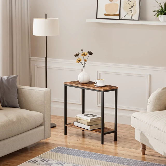 Alt view image 2 of 7 - Wedge End Table, Recliner Wedge Side Table with Storage | Industrial Triangle Accent Table for Small Space, Corner, Living Room, Apartment, Rustic Brown and Black