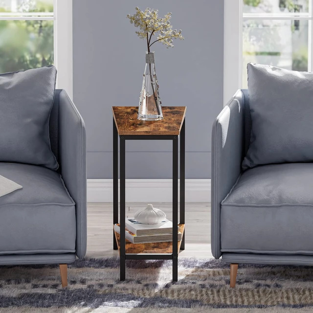 Alt view image 4 of 7 - Wedge End Table, Recliner Wedge Side Table with Storage | Industrial Triangle Accent Table for Small Space, Corner, Living Room, Apartment, Rustic Brown and Black