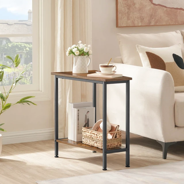 Alt view image 6 of 7 - Wedge End Table, Recliner Wedge Side Table with Storage | Industrial Triangle Accent Table for Small Space, Corner, Living Room, Apartment, Rustic Brown and Black