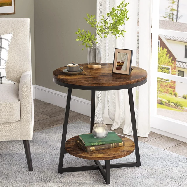 Main image of End Table, 2 Tier Round Side Table with Storage Shelf, Industrial Nightstand Bedside Table Coffee Accent Table for Living Room Bedroom Small Space, Rustic Brown