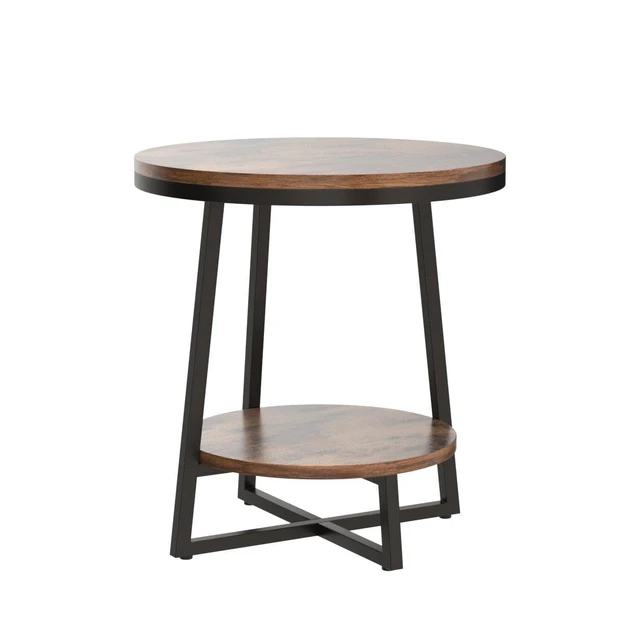Alt view image 4 of 7 - End Table, 2 Tier Round Side Table with Storage Shelf, Industrial Nightstand Bedside Table Coffee Accent Table for Living Room Bedroom Small Space, Rustic Brown