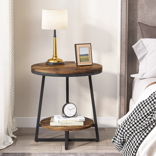 Alt view image 3 of 7 - End Table, 2 Tier Round Side Table with Storage Shelf, Industrial Nightstand Bedside Table Coffee Accent Table for Living Room Bedroom Small Space, Rustic Brown