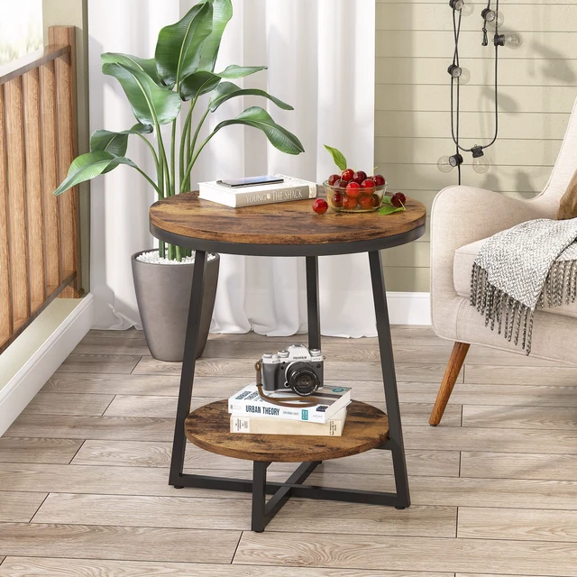 Alt view image 2 of 7 - End Table, 2 Tier Round Side Table with Storage Shelf, Industrial Nightstand Bedside Table Coffee Accent Table for Living Room Bedroom Small Space, Rustic Brown
