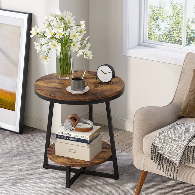 Alt view image 5 of 7 - End Table, 2 Tier Round Side Table with Storage Shelf, Industrial Nightstand Bedside Table Coffee Accent Table for Living Room Bedroom Small Space, Rustic Brown