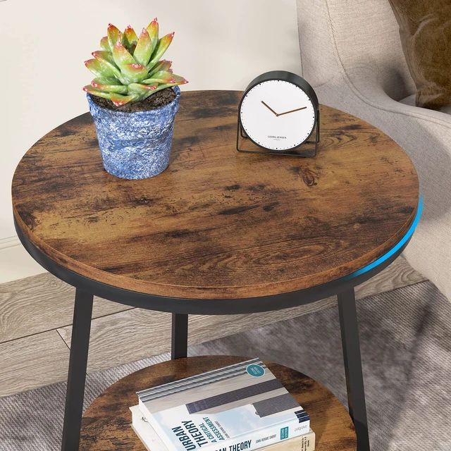 Alt view image 6 of 7 - End Table, 2 Tier Round Side Table with Storage Shelf, Industrial Nightstand Bedside Table Coffee Accent Table for Living Room Bedroom Small Space, Rustic Brown