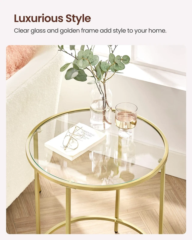 Alt view image 3 of 7 - Round Side Tables, Set of 2, Glass End Tables with Metal Frame | Small Coffee Tables with Modern Style, for Living Room, Balcony, Bedroom, Gold, BARIS Collection ULGT037A61