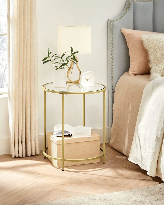 Alt view image 2 of 7 - Round Side Tables, Set of 2, Glass End Tables with Metal Frame | Small Coffee Tables with Modern Style, for Living Room, Balcony, Bedroom, Gold, BARIS Collection ULGT037A61