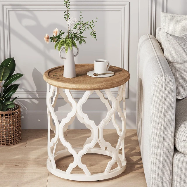 Main image of Farmhouse End Table, French Country Tray Round Side Table, Beige | Curved Motif Frame Base With Distressed Tray Top, Boho Accent Table Ideal, End Tables for Living Room, Small Space, Bedroom