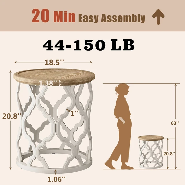 Alt view image 2 of 7 - Farmhouse End Table, French Country Tray Round Side Table, Beige | Curved Motif Frame Base With Distressed Tray Top, Boho Accent Table Ideal, End Tables for Living Room, Small Space, Bedroom