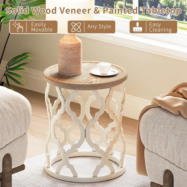 Alt view image 3 of 7 - Farmhouse End Table, French Country Tray Round Side Table, Beige | Curved Motif Frame Base With Distressed Tray Top, Boho Accent Table Ideal, End Tables for Living Room, Small Space, Bedroom