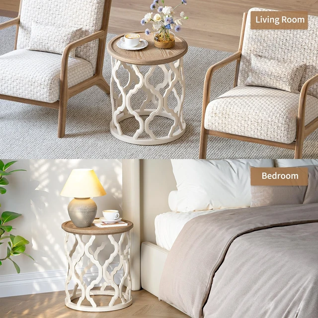 Alt view image 5 of 7 - Farmhouse End Table, French Country Tray Round Side Table, Beige | Curved Motif Frame Base With Distressed Tray Top, Boho Accent Table Ideal, End Tables for Living Room, Small Space, Bedroom